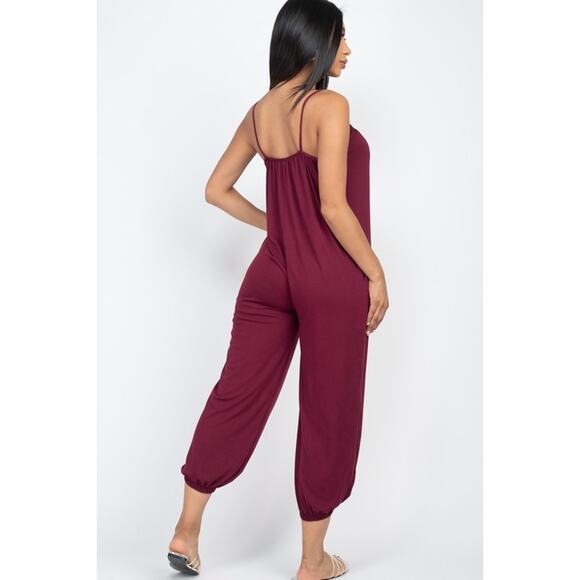 Spaghetti strap solid jumpsuit (Burgundy)-Small - Picture 2 of 2